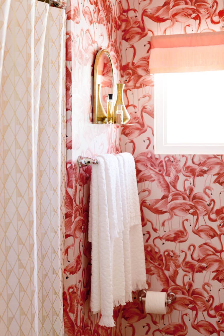 Flamingo bathroom with gold and fringe